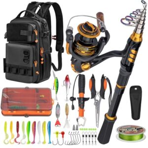 Angelrute und Rolle Combo mit Angeln Rucksack, Angelset Komplett mit Kohlefaser Teleskop-Angelrute, Spinnrolle und Angelwerkzeuge für Salz- und Süßwasserfishing, ideal für Anfänger und erfahrene Angler