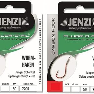 2 Packungen Wurmhaken von Jenzi rot gebunden an Fluor Carbon, 50 cm lang, verschiedene Größen und Petri Heil! Aufkleber
