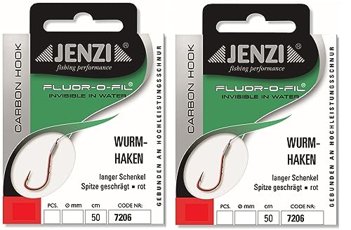 2 Packungen Wurmhaken von Jenzi rot gebunden an Fluor Carbon, 50 cm lang, verschiedene Größen und Petri Heil! Aufkleber