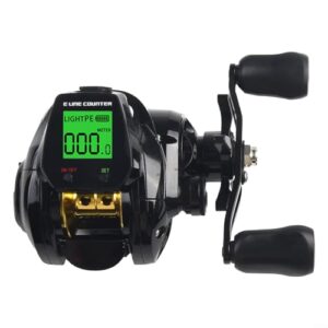 Baitcaster-Angelrolle mit hohem Übersetzungsverhältnis von 7,2:1, digitales Bissalarm-System und Linienzähler für effizienten Fischfang