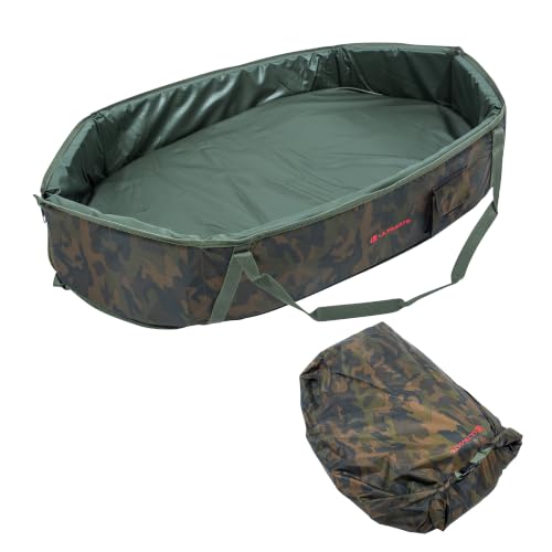 Ultimative Fischaufzucht mit dem Ultimate Adventure Carp Cradle Camo, hochwertiges Design für perfekten Schutz des Fangs, Tarnfarbenfassung, robuster Rahmen und leicht zu reinigende Oberfläche.