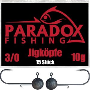 Paradox Fishing Jigköpfe Set 15x 10g 3/0 - Gummifisch mit Jighead für Gummifische, Barsch, Hecht und Zander Angelzubehör