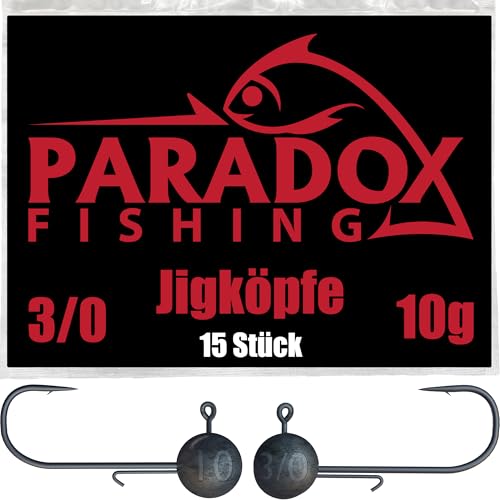 Paradox Fishing Jigköpfe Set 15x 10g 3/0 - Gummifisch mit Jighead für Gummifische, Barsch, Hecht und Zander Angelzubehör