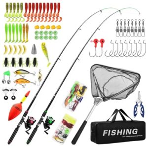 Teleskop-Angelruten für Kinder, 2 Stück, Junior-Angel-Starter-Set mit Fischernetz, Spinnrolle, Kombi, Salzwasser, Süßwasser und Schnurködern, Tragetasche für Jungen und Mädchen