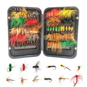 Umllpet 100 Stück Fliegenköder Set Forelle Barsch magnetische Box, handgebundene Fliegen in 19 Mustern, natürliche Insekten-Imitation für alle Gewässerarten geeignet