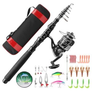 Kohlefaser Teleskop Angelrute, 2,4 M Angelrute und Angelrolle mit Angelschnur und Angelköder Set, Tragetasche, Teleskop Rute und Rolle Combos Full Kit für Kinder & Erwachsene Süßwasser