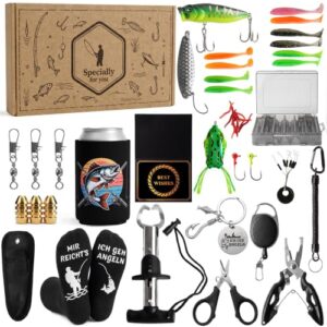 Geschenkset für Angler, 35-teiliges Angelzubehör Set mit Ködern und Werkzeugen sowie originellen Geschenken für Männer