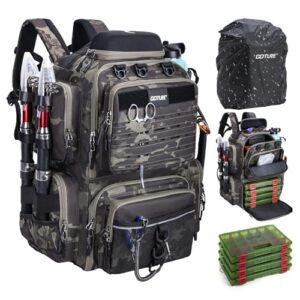 Ergonomischer Angelrucksack 45 Liter mit 4 wasserdichten Köderboxen, Rutenhalter und Regenschutz für Fischerei und Outdoor-Aktivitäten