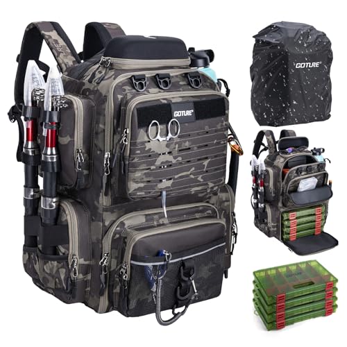 Ergonomischer Angelrucksack 45 Liter mit 4 wasserdichten Köderboxen, Rutenhalter und Regenschutz für Fischerei und Outdoor-Aktivitäten