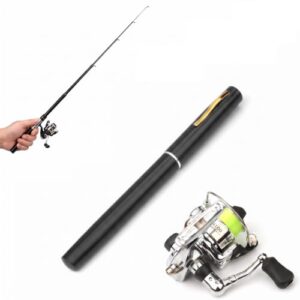 Kompakte LIXADA Mini Taschenangel mit Rolle, 1 Meter Stift Angelrute in schwarz. Ideal für Angler aller Altersgruppen.