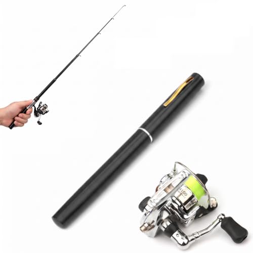 Kompakte LIXADA Mini Taschenangel mit Rolle, 1 Meter Stift Angelrute in schwarz. Ideal für Angler aller Altersgruppen.