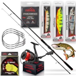 Paradox Fishing Firetiger Spinnrutenkomplettset mit 2,4m langen Rute und 4000er Rolle für Hecht-Fischen
